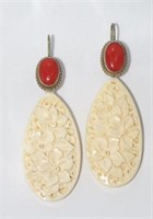 Vintage carved ivory & red Italian coral earring