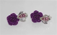 Silver, purple rose and ruby bee earrings