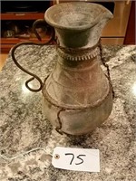 Large Pottery Pitcher with Metal Handle