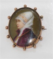 9ct rose gold, handpainted portrait brooch