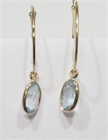 10K Yellow Gold Oval Aquamarine Hoop Earrings,