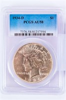 Coin 1934-D Peace Silver Dollar PCGS AU58
