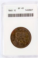 Coin 1840-P Large Cent Certified ANACS EF45