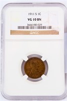 Coin 1911-S Lincoln Cent Certified NGC VG 10BN