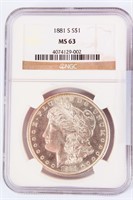 Coin 1881-S Morgan Silver Dollar NGC MS63