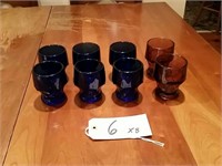 (6) Cobalt Blue Rocks Glasses, (2) Rose Glass