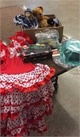 BOX LOT: COSTUME DRESS, HAT, GAMES, CARDS, DOLL,