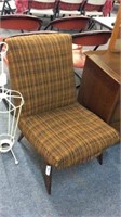 MID CENTURY BEDROOM CHAIR, PLAID UPHOLSTERY