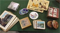 BOX LOT: ASSORTED COASTERS AND SHOT GLASSES