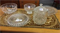 CLEAR GLASS GROUPING- CAKE PLATE, BOWL,CAKE STAND,