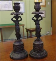 Pair of antique bronze neo-classical candlesticks