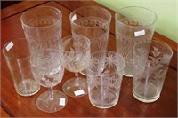 Eight various etched sherry glasses and beakers