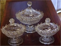 Set of three rare Georgian cut glass lidded bowls