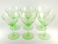6 PIECE ETCHED GREEN WINE GLASSES