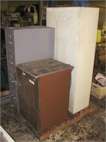 Vintage metal cabinet, small fridge and 4 drawer