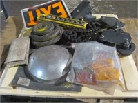 Box of various items that include, gears, trolley