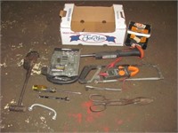 Box of various tools that includes, pipe cutter,