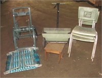 (3) stackable chairs, seeder, garden hose reel,