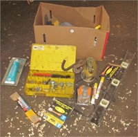 Box of various tools that includes, level,
