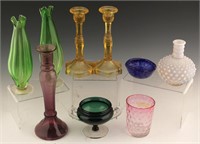 9 PIECES OF COLORED GLASS--CANDLESTICKS, VASES