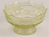 UNMARKED CLEAR GREEN ETCHED GLASS COMPOTE
