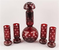 CUT RED GLASS DECANTER & 4 GLASSES