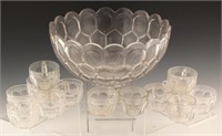 LARGE GLASS PUNCH BOWL WITH 13 CUPS