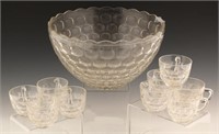 LARGE GLASS PUNCH BOWL WITH 9 CUPS