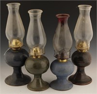 4 POTTERY KEROSENE OIL LAMPS W/ GLASS CHIMNEYS