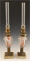 PAIR OF GLASS WHALE OIL LAMPS W/ GLASS CHIMNEYS