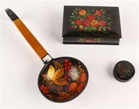 RUSSIAN LACQUER ITEMS--TWO BOXES & LADLE