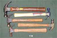 Five assorted claw hammers