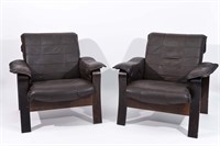 PAIR OF STAINED BEECH AND LEATHER CHAIRS DENMARK