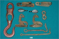 Lot: hoisting hook; two pulleys for window weights