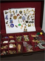 Jewelry Box with Collection of Pins & More