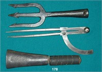 Lot: blacksmith-made broom hammer; dividers &c.