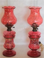 PAIR ENAMELED CRANBERRY GLASS OIL LAMPS, 19TH C.