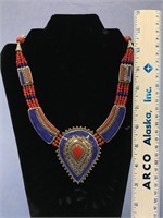 Lapis and coral and silver alloy Napoli necklace