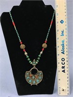 Turquoise, red coral, and jade Napoli necklace