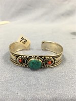 Turquoise and red corral silver alloy bangle brace