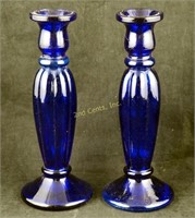 Pair Vintage Cobalt Blue Glass 9" Candlesticks