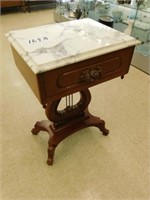 Marble top lyre base pedestal table, 13" x 19"