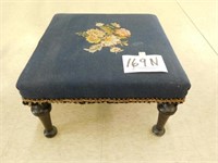 16" square footstool, floral on navy needlepoint