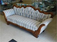 Walnut w/burl veneer trim sofa, solid blue & rose
