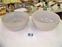 Two white crock bowls: one 10 3/4" wide, has chip