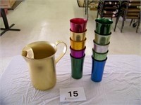 Bascal pitcher and 10 tumblers, anodized aluminum