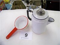 White granite coffee pot with label - red rim