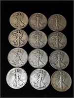 12 Walking Liberty silver half dollars various