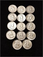 14 Benjamin Franklin silver half dollars various