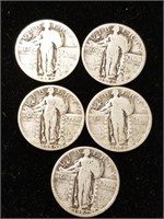 5 silver standing liberty quarters various dates